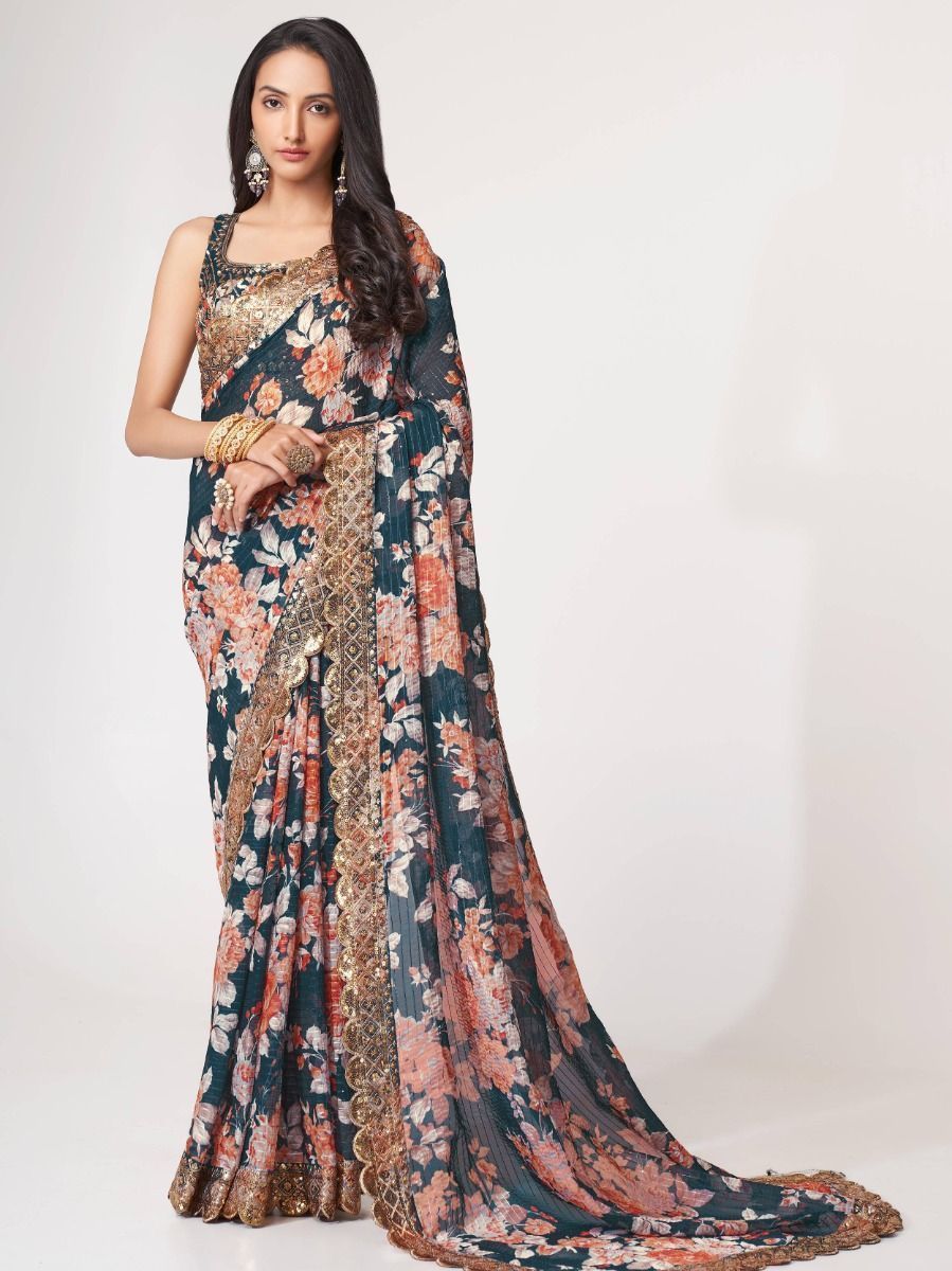 Fascinating Dove Blue Floral Printed Organza Events Wear Saree With Blouse By WTW