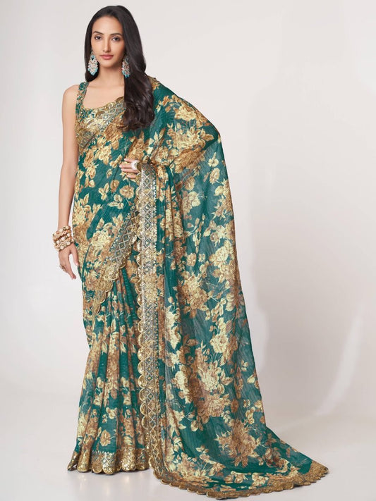 Bewitching Teal Blue Floral Printed Organza Party Wear Saree By WTW