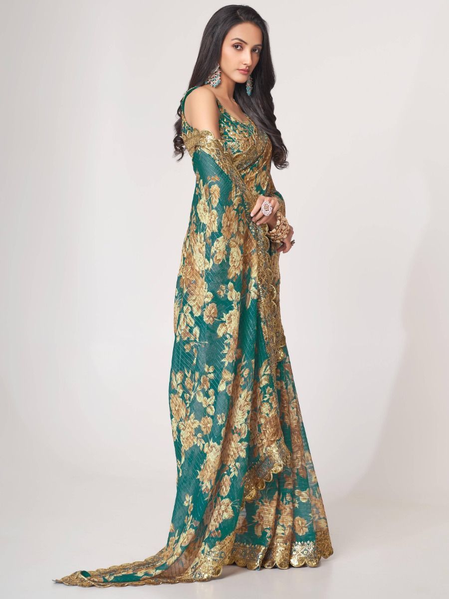 Bewitching Teal Blue Floral Printed Organza Party Wear Saree By WTW