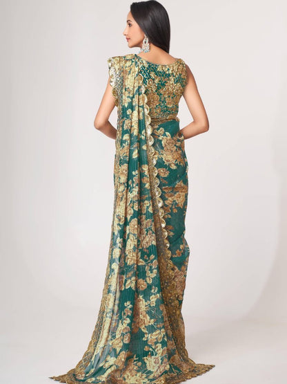 Bewitching Teal Blue Floral Printed Organza Party Wear Saree By WTW