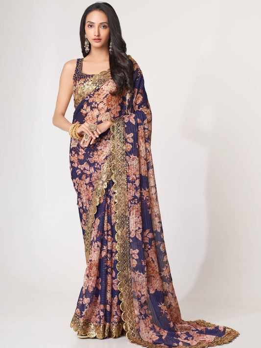 Adorable Purple Floral Printed Organza Ceremony Wear Saree By WTW