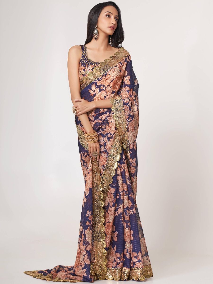 Adorable Purple Floral Printed Organza Ceremony Wear Saree By WTW