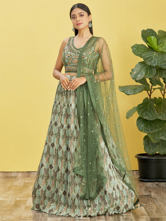 Attractive Green Embroidered Chinon Mehendi Wear Lehenga Choli By WTW
