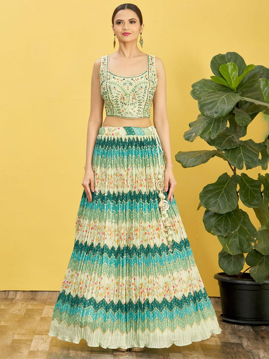 Styling Green Mirror Work Chinon Reception Wear Lehenga Choli By WTW