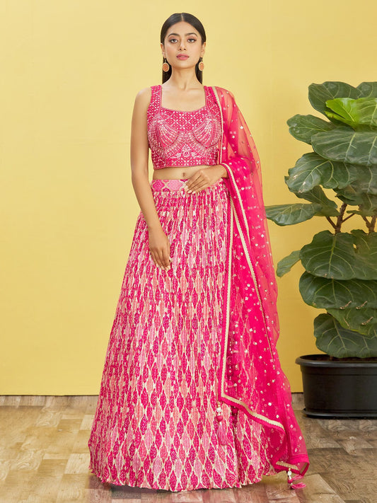 Beautiful Pink Mirror Work Chinon Reception Wear Lehenga Choli By WTW