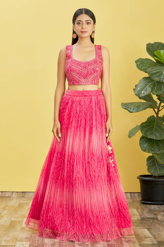 Stunning Pink Mirror Work And Digital Print Organza Party Wear Lehenga Choli By WTW