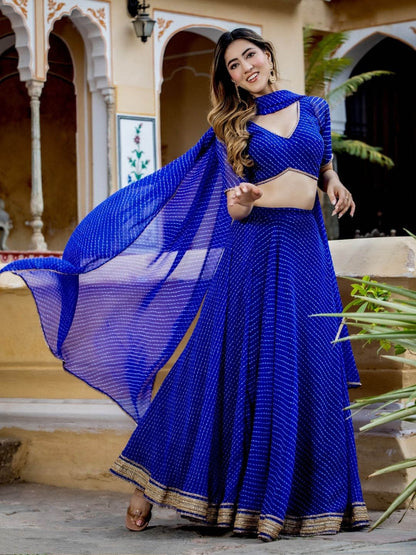 3 Pc Blue Georgette Semi Stitched Lehenga Set By WTW