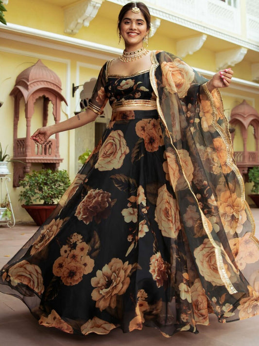 Black Color Digital Print Organza Lehenga Choli By WTW