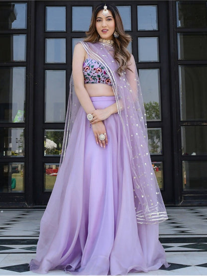 3 Pc Lavender Net Semi Stitched Lehenga Set By WTW