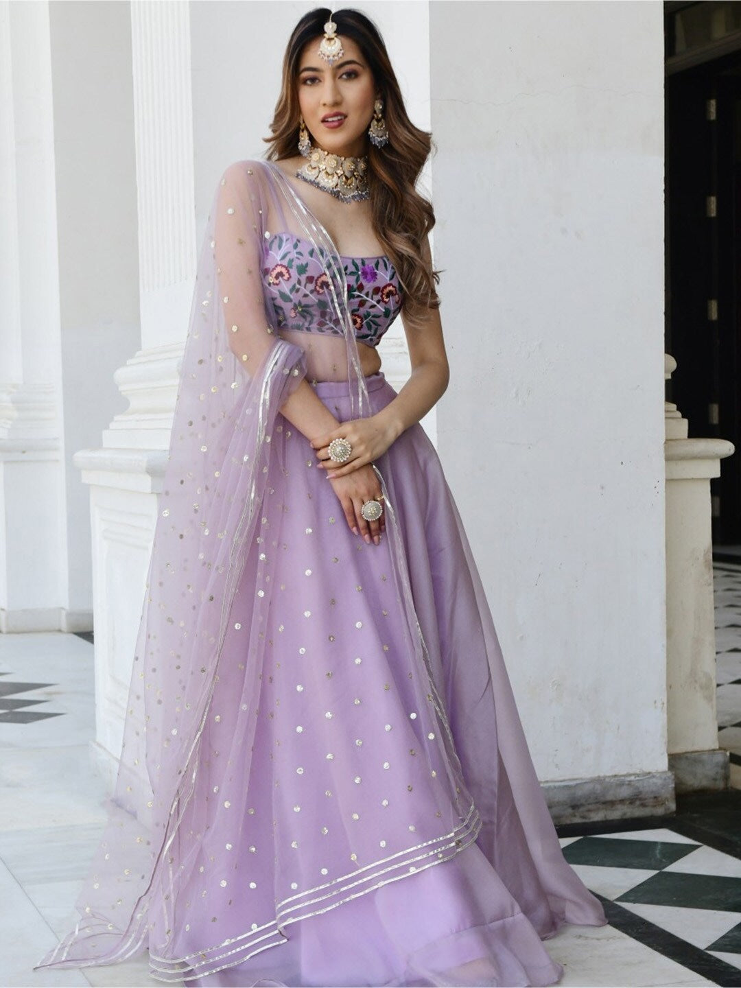 3 Pc Lavender Net Semi Stitched Lehenga Set By WTW