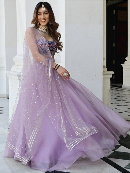 3 Pc Lavender Net Semi Stitched Lehenga Set By WTW