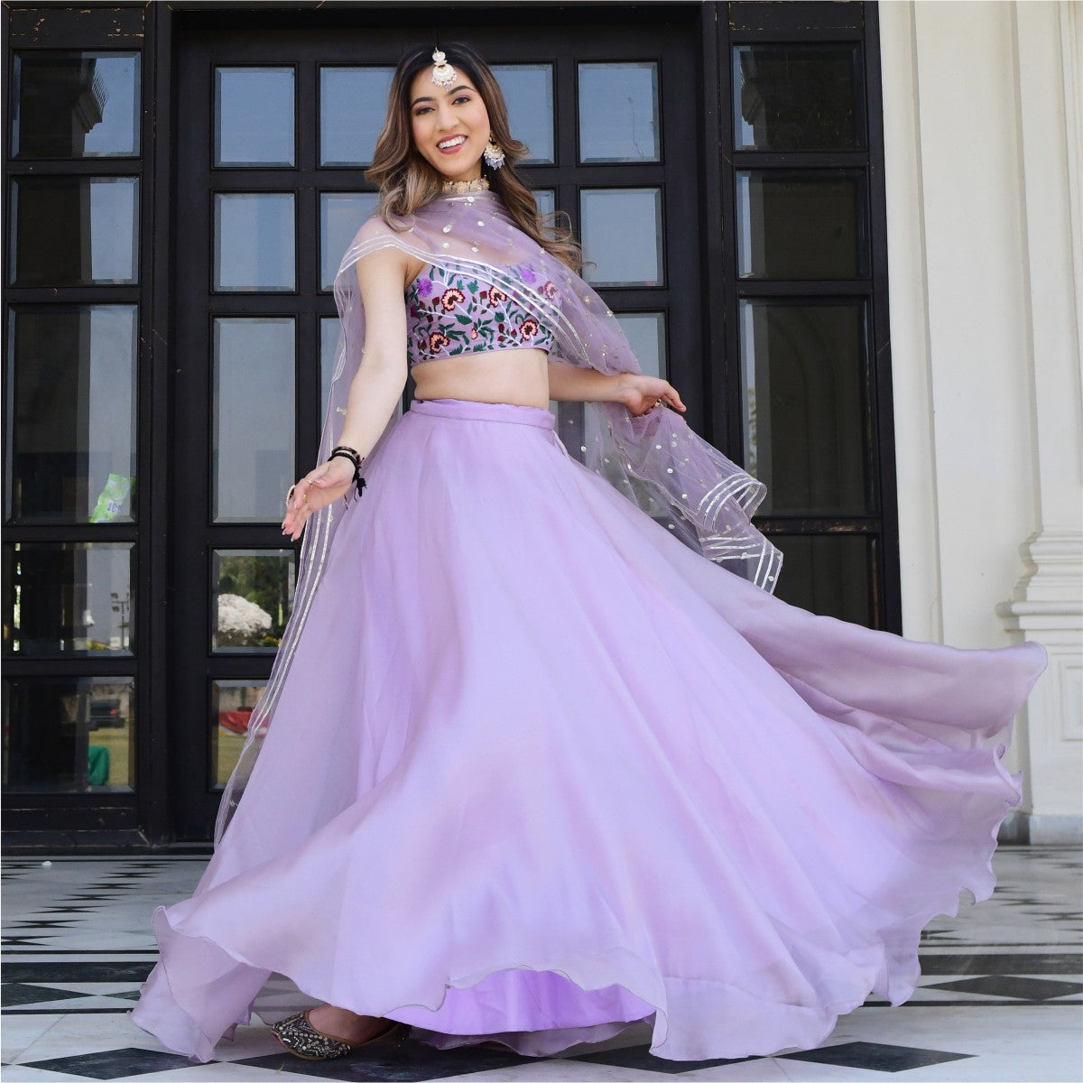 3 Pc Lavender Net Semi Stitched Lehenga Set By WTW