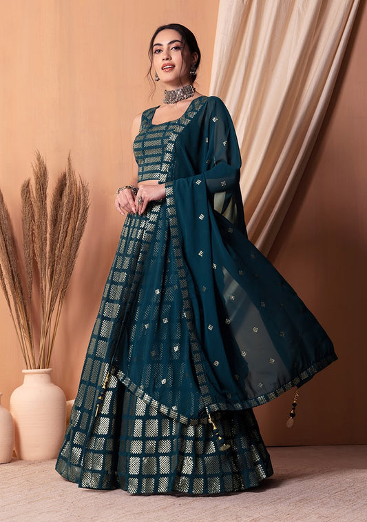 Teal Matte Sequin Embroidered Lehenga Set With Blouse And Dupatta By WTW