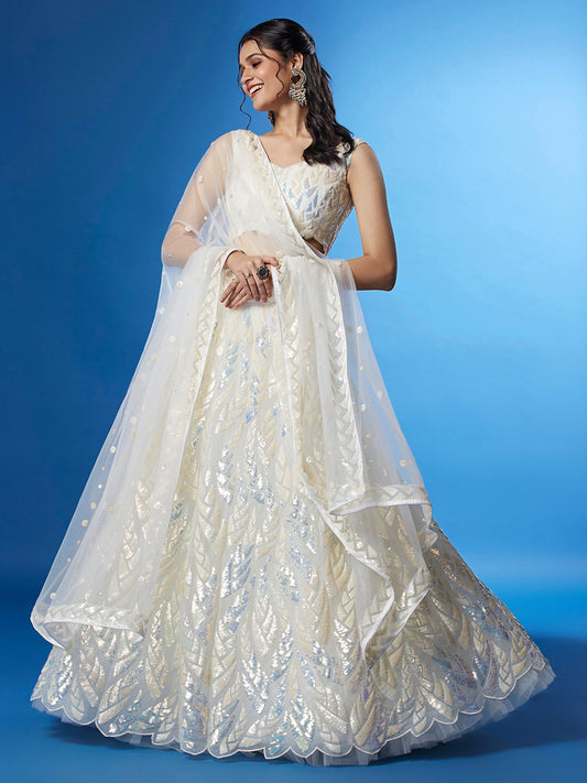 Beautiful Off-White Sequins Net Engagement Wear Lehenga Choli By WTW