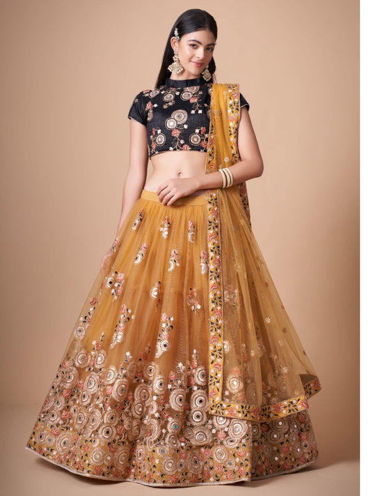 Sequence Net Bollywood A Line Lehenga in Gold By WTW