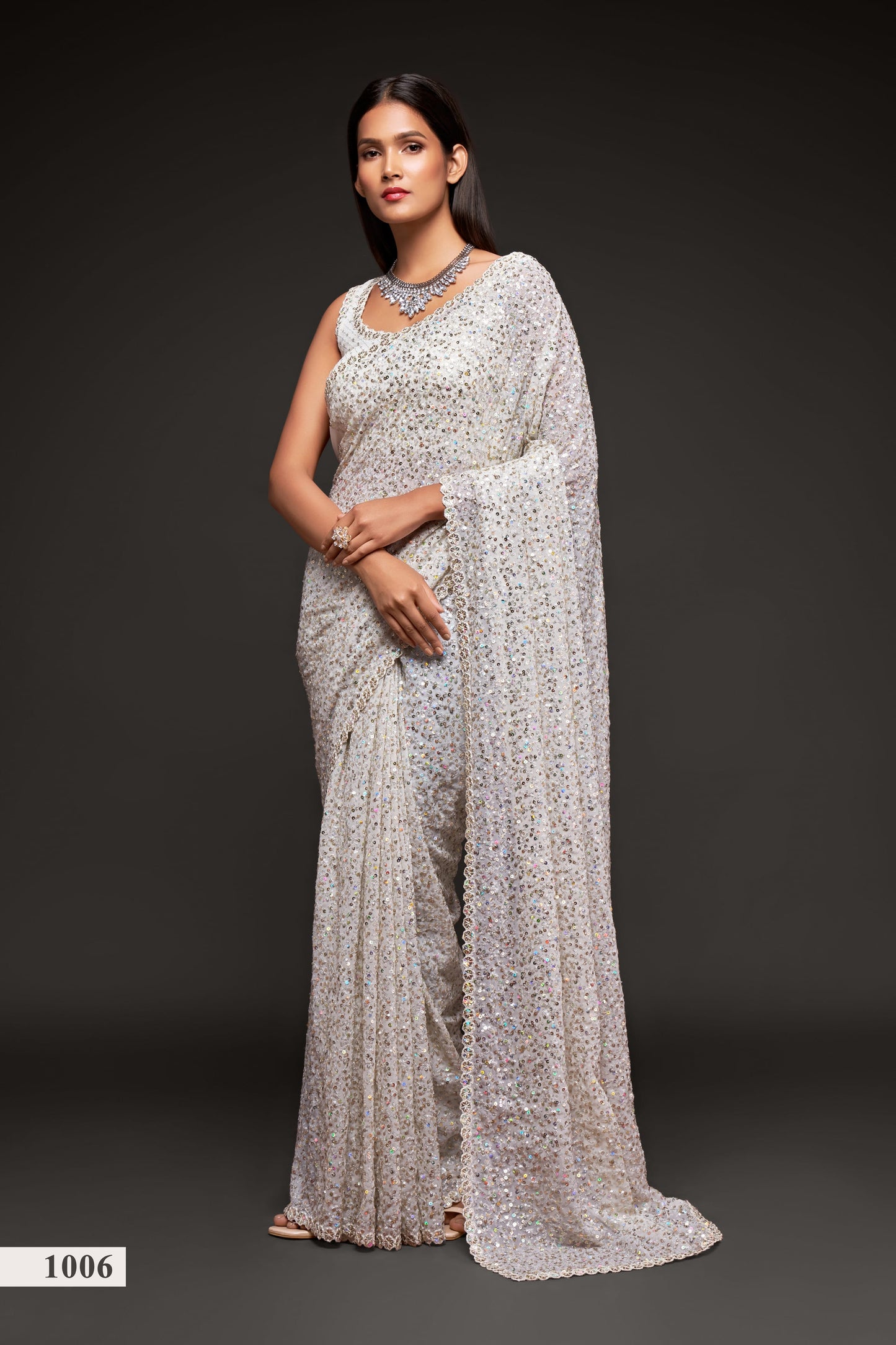 Beautiful Pearl White Sequined Georgette Party Wear Saree By WTW