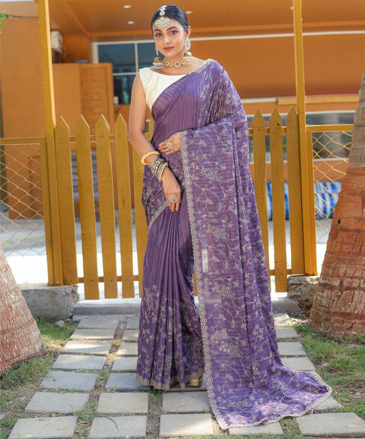 Dusty Purple Tussar Silk Embroidered Saree By WTW