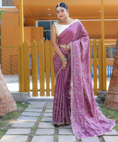 Lavender Woven Silk Saree Set By WTW