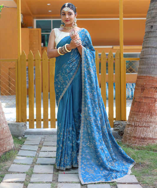 Denim Blue Tussar Silk Embroidered Saree By WTW