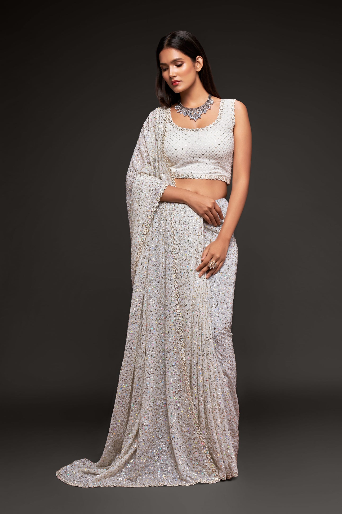 Beautiful Pearl White Sequined Georgette Party Wear Saree By WTW