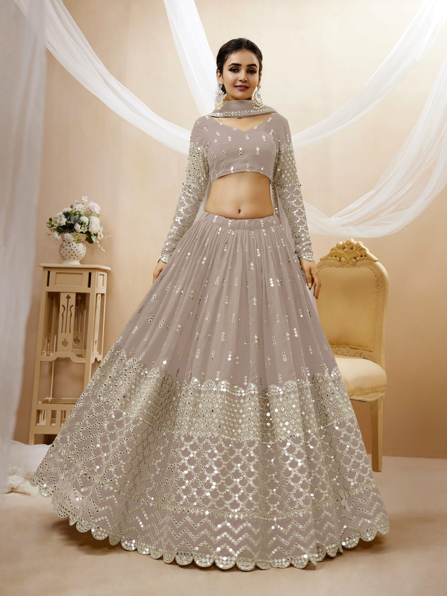 Grey Sequin Zari Embroidered Georgette Lehenga Set By WTW