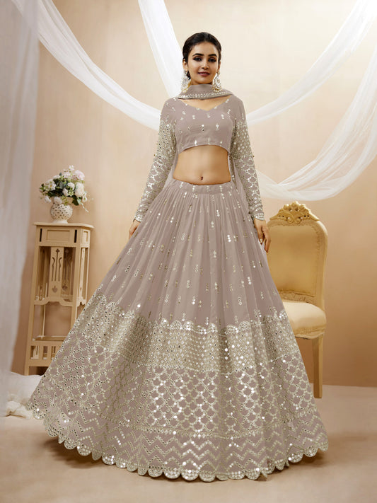 Grey Sequin Zari Embroidered Georgette Lehenga Set By WTW