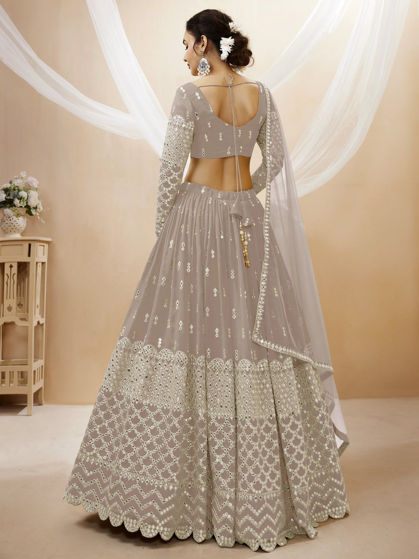 Grey Sequin Zari Embroidered Georgette Lehenga Set By WTW