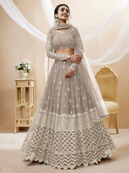 Grey Sequin Zari Embroidered Georgette Lehenga Set By WTW