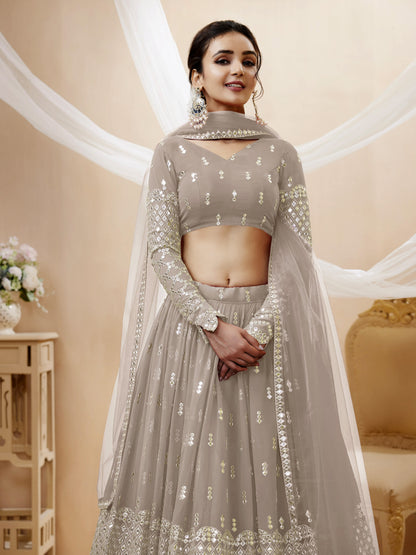 Grey Sequin Zari Embroidered Georgette Lehenga Set By WTW