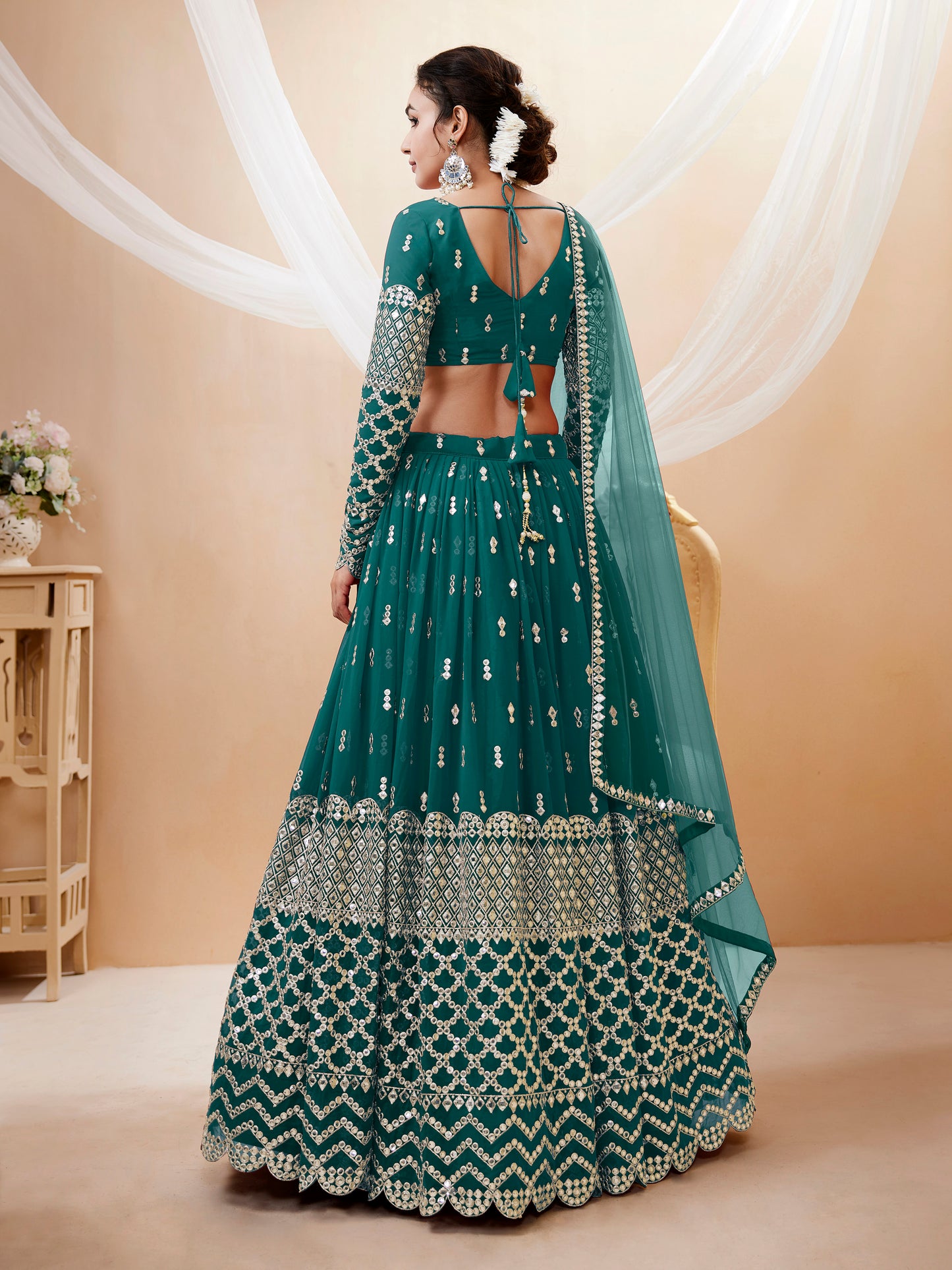 Aqua Blue Georgette Embroidered Trendy Ghagra Choli WTW