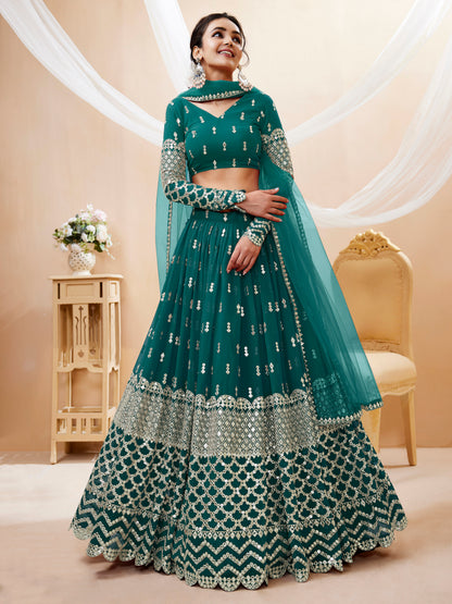 Aqua Blue Georgette Embroidered Trendy Ghagra Choli WTW