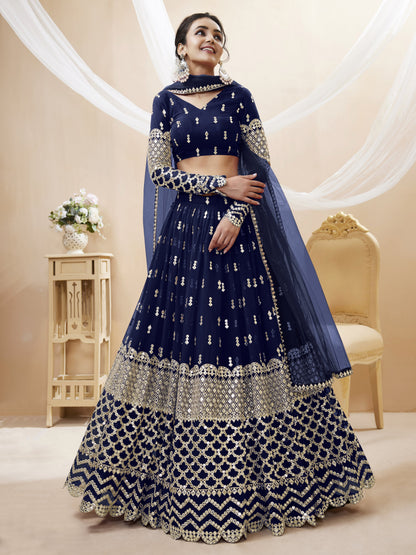 Embroidered Georgette Lehenga in Blue By WTW