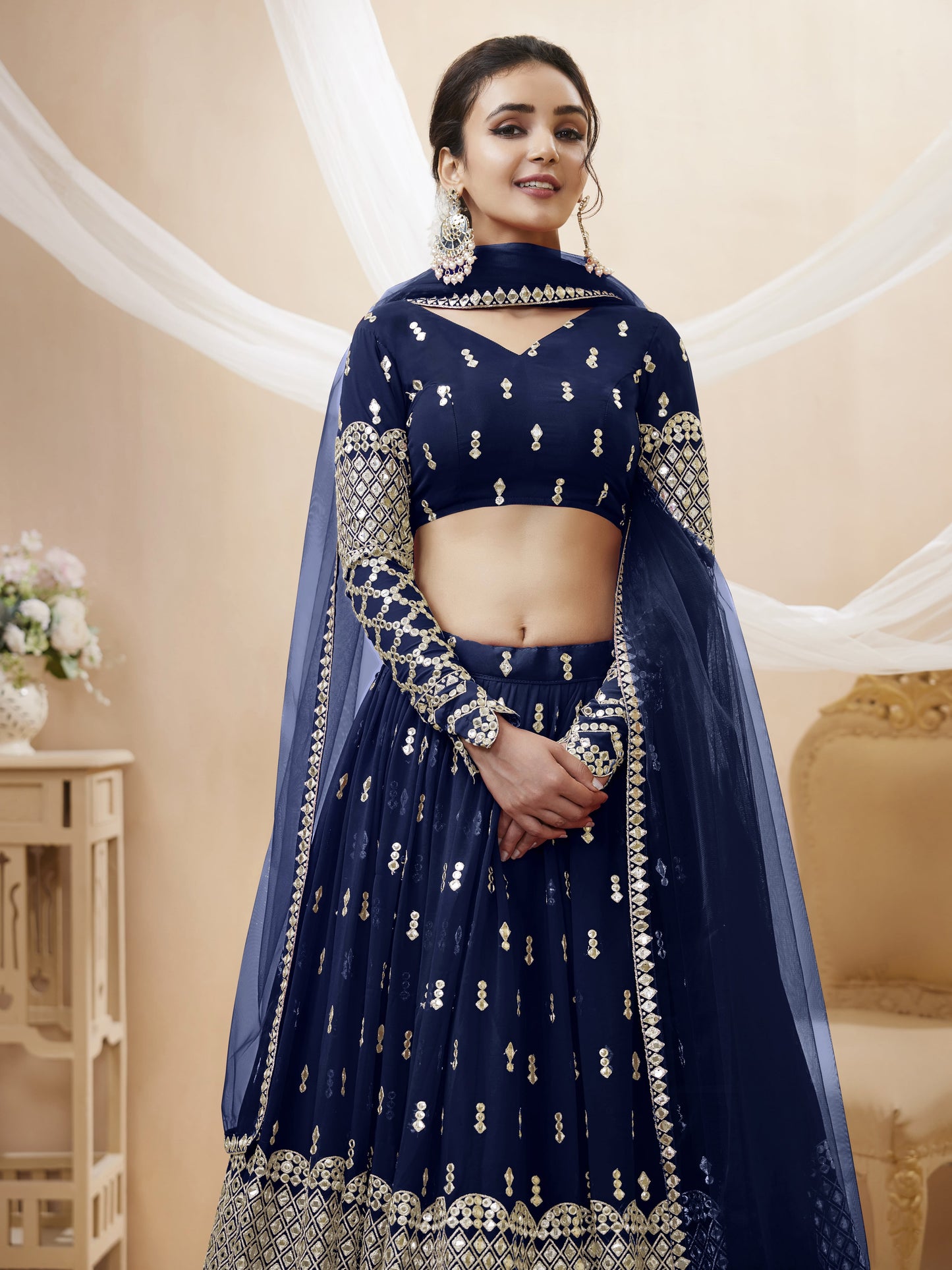 Embroidered Georgette Lehenga in Blue By WTW