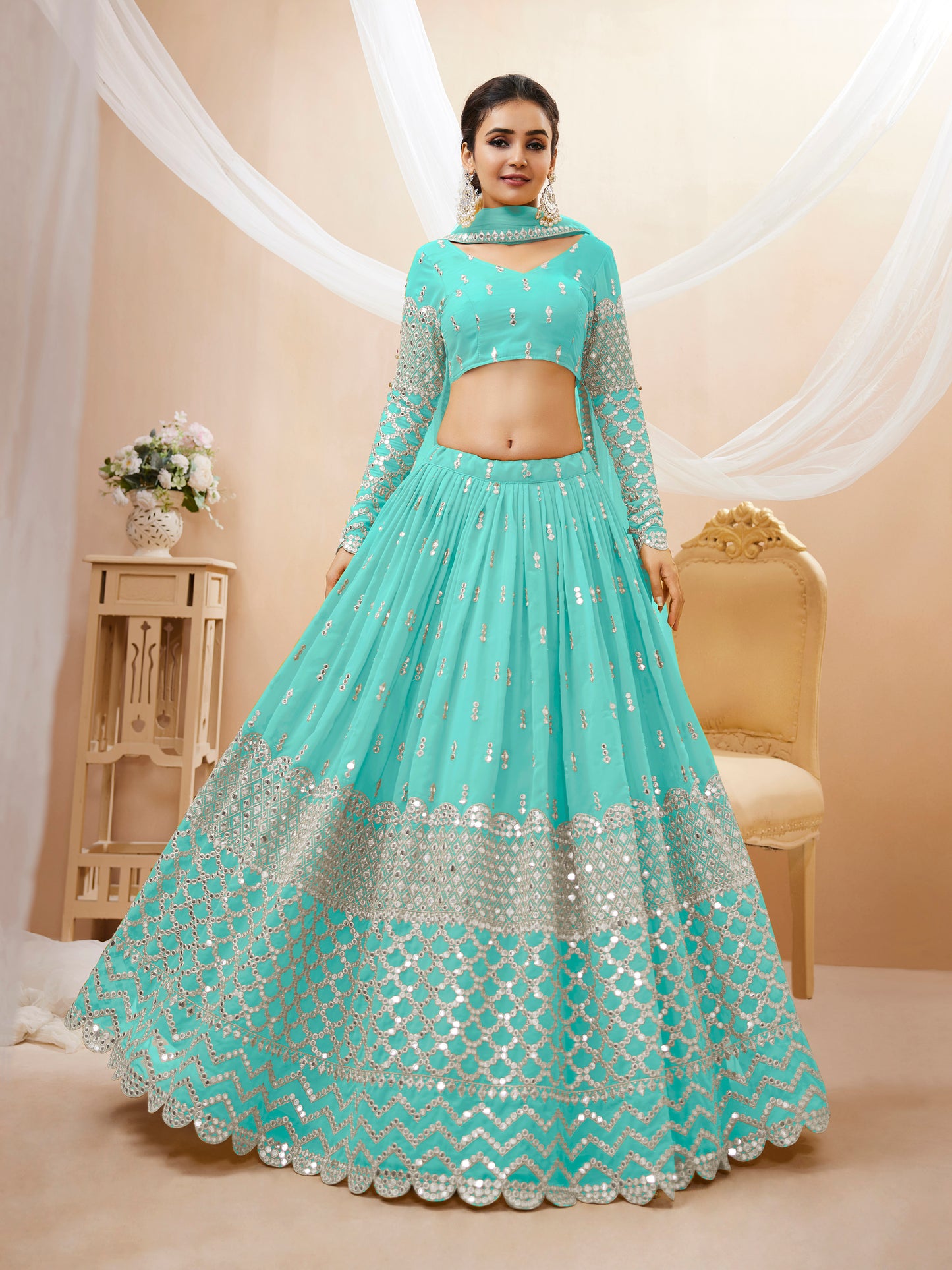 Spectacular Sky Blue Sequins Georgette Sangeet Wear Lehenga Choli By WTW