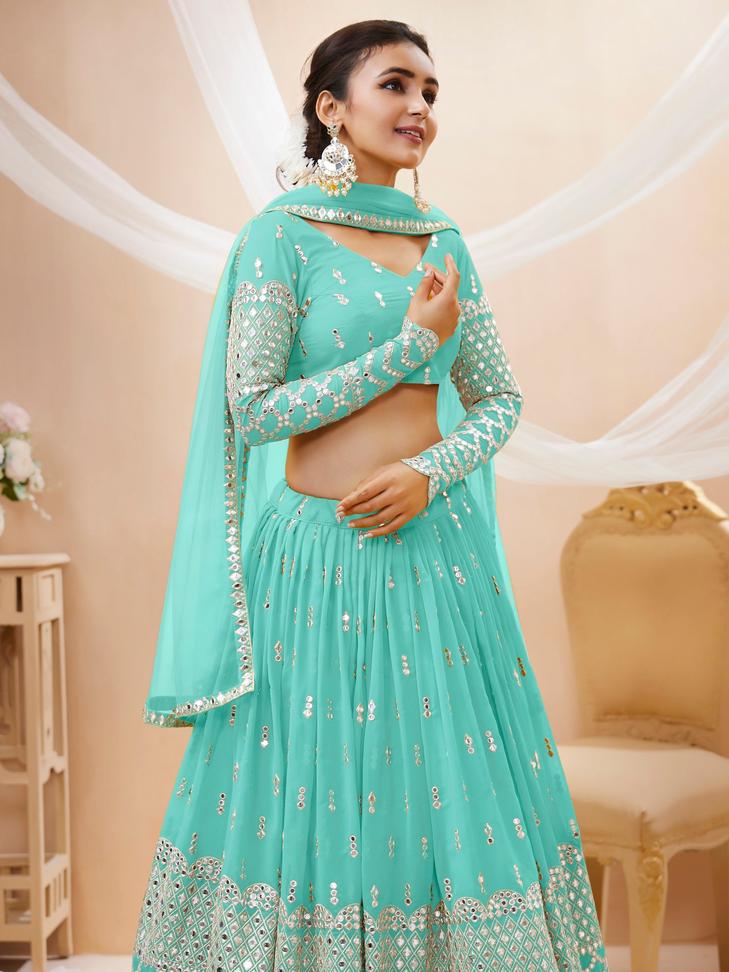 Spectacular Sky Blue Sequins Georgette Sangeet Wear Lehenga Choli By WTW