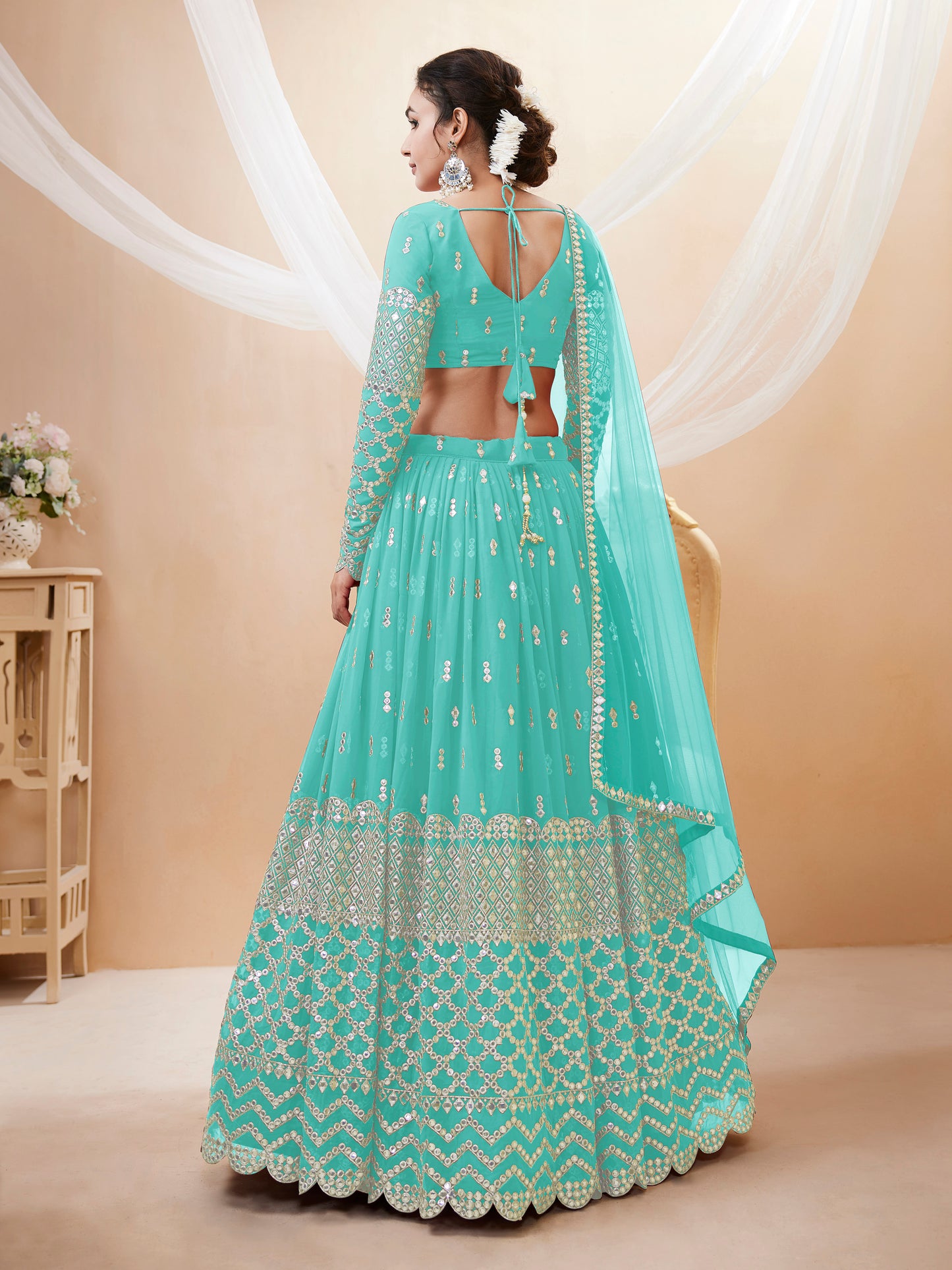 Spectacular Sky Blue Sequins Georgette Sangeet Wear Lehenga Choli By WTW