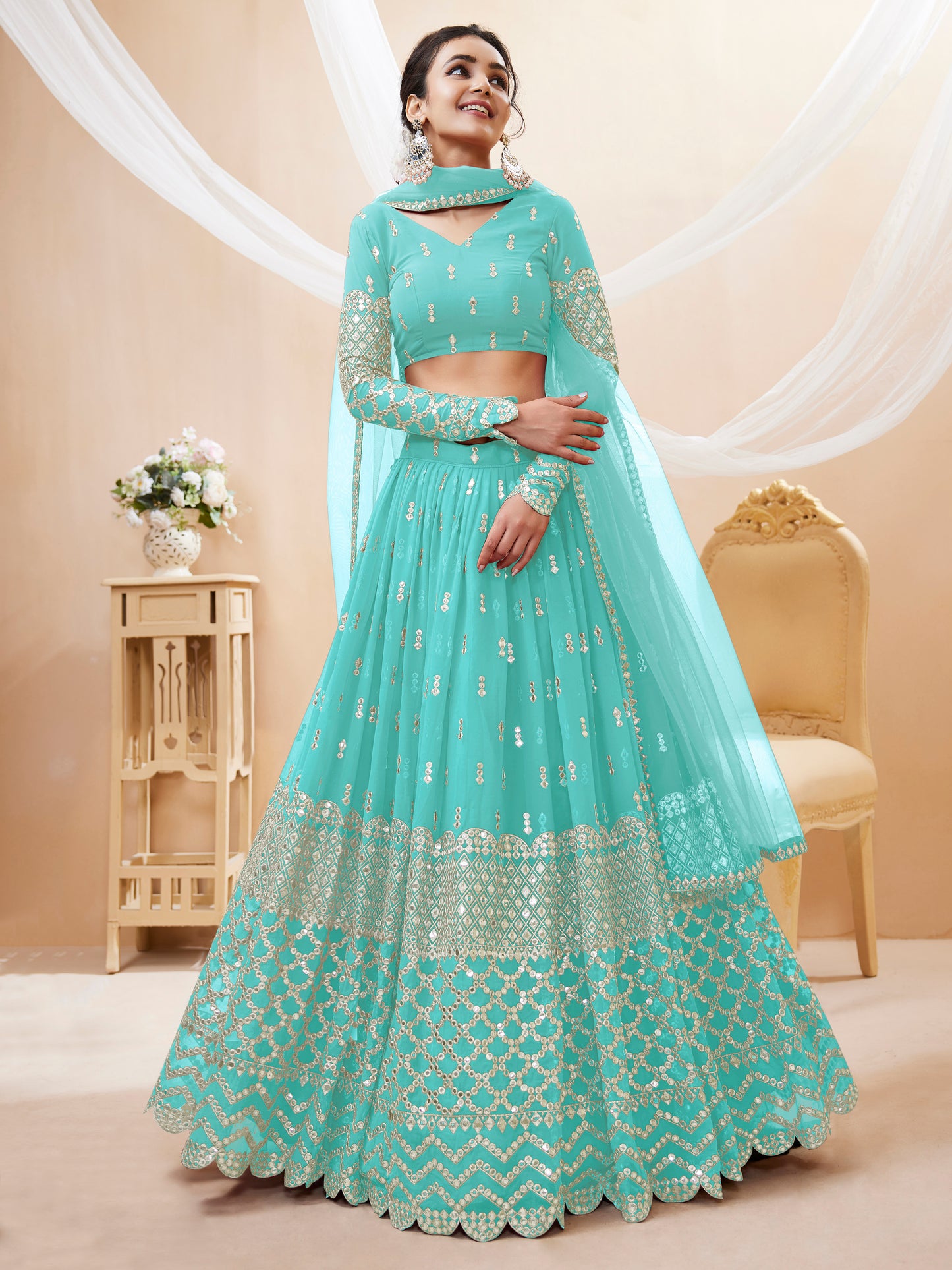 Spectacular Sky Blue Sequins Georgette Sangeet Wear Lehenga Choli By WTW