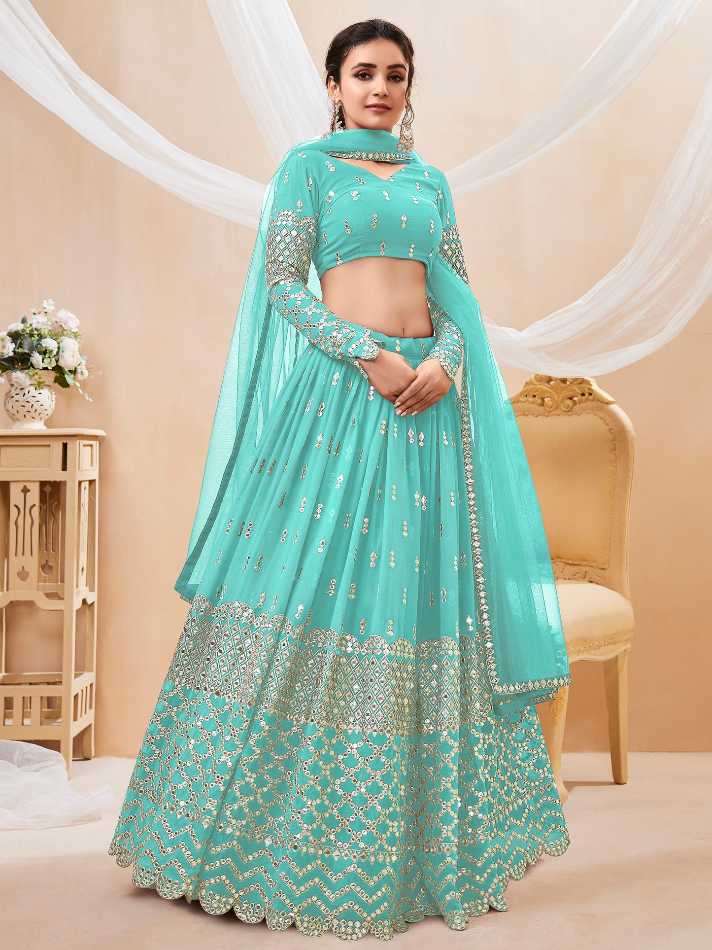 Spectacular Sky Blue Sequins Georgette Sangeet Wear Lehenga Choli By WTW