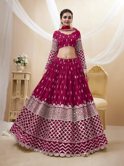 Hot Pink Sequin Zari Embroidered Georgette Lehenga Set By WTW