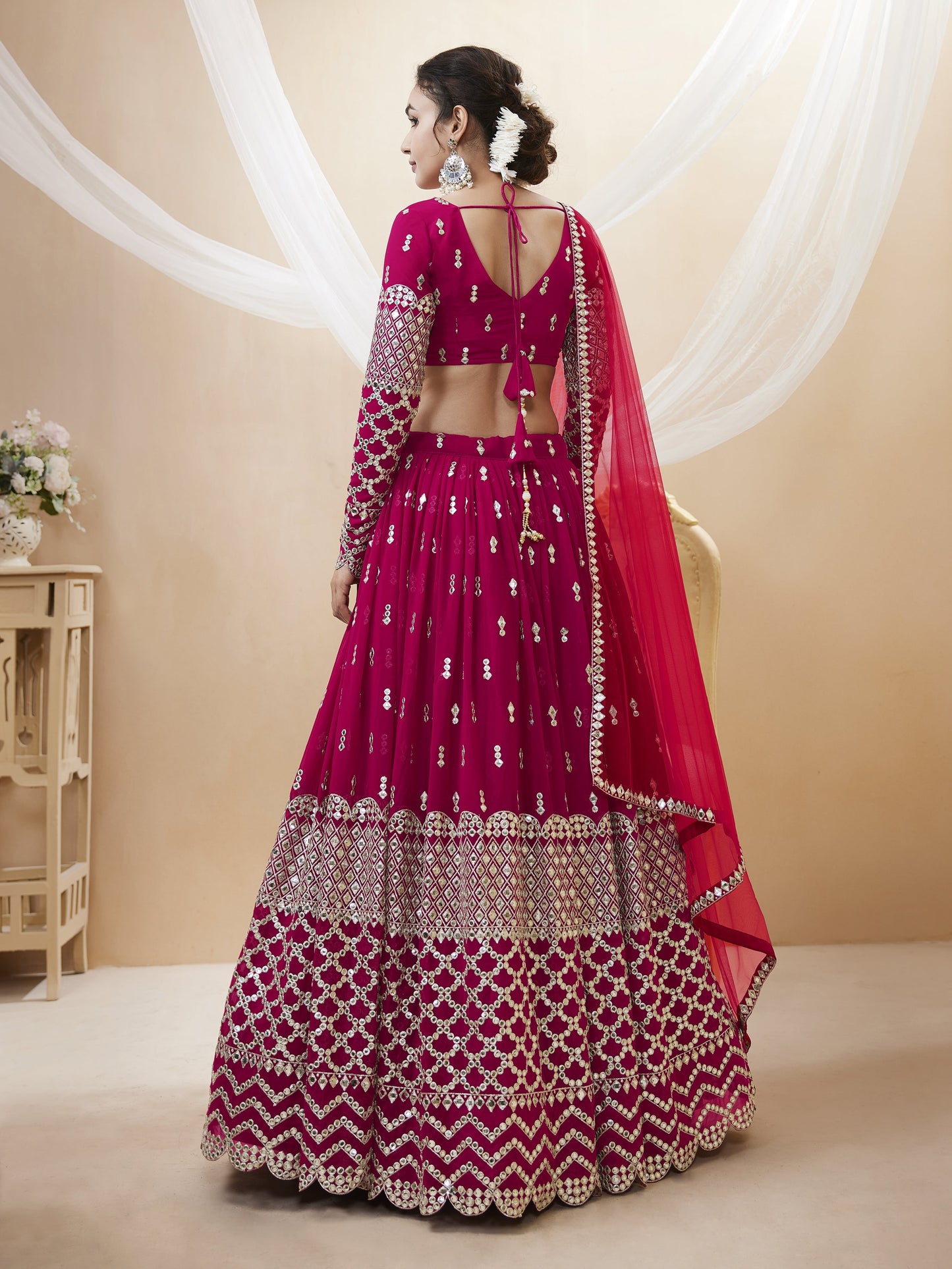 Hot Pink Sequin Zari Embroidered Georgette Lehenga Set By WTW