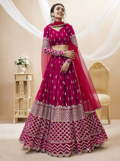 Hot Pink Sequin Zari Embroidered Georgette Lehenga Set By WTW