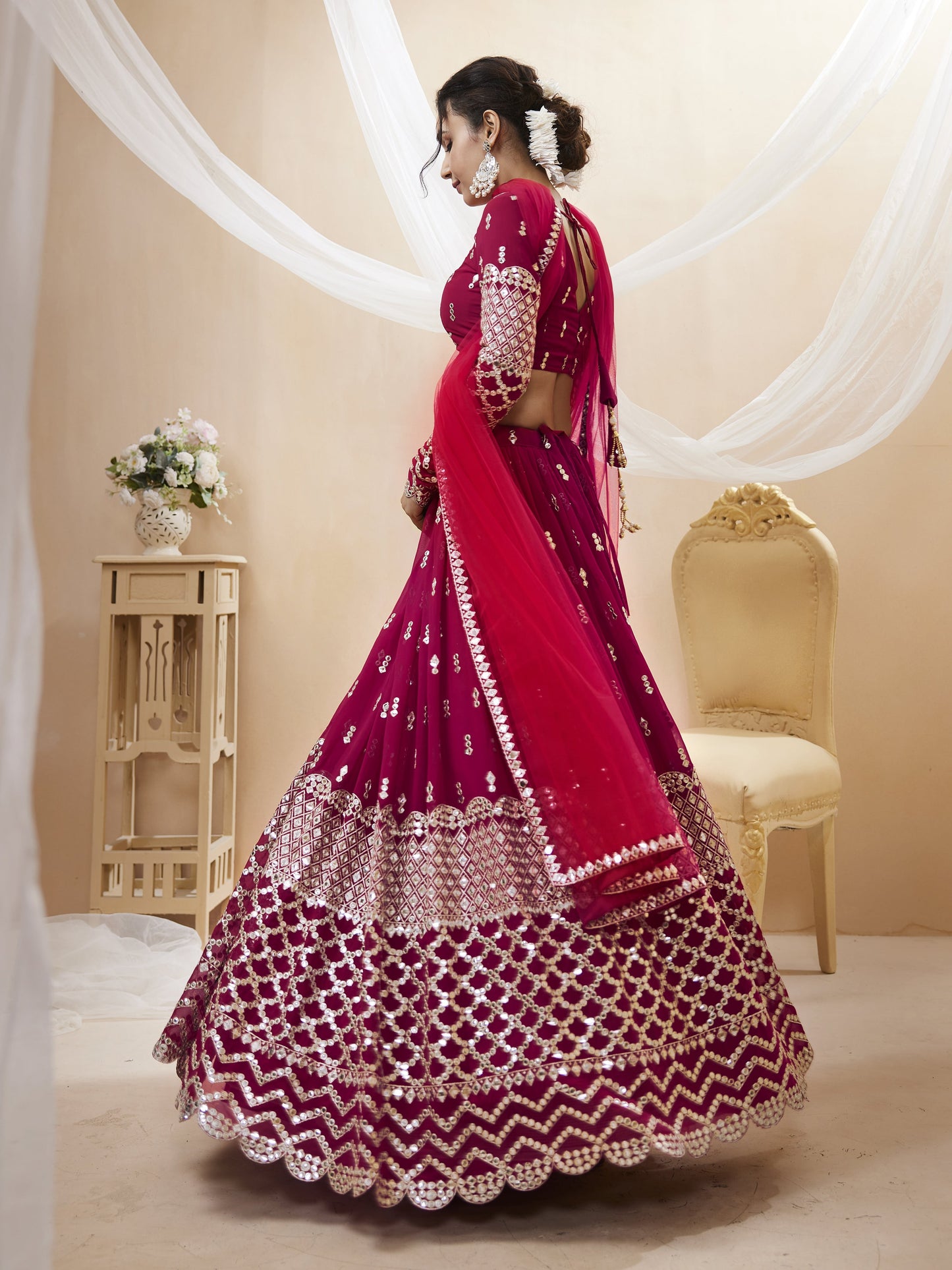 Hot Pink Sequin Zari Embroidered Georgette Lehenga Set By WTW