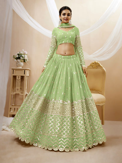 Pista Green Sequin Zari Embroidered Georgette Lehenga Set By WTW