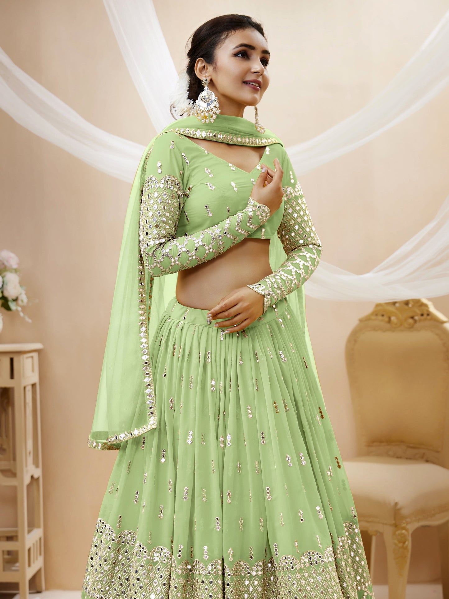 Pista Green Sequin Zari Embroidered Georgette Lehenga Set By WTW