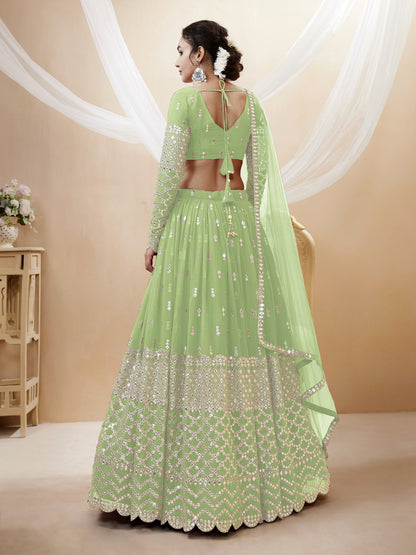 Pista Green Sequin Zari Embroidered Georgette Lehenga Set By WTW