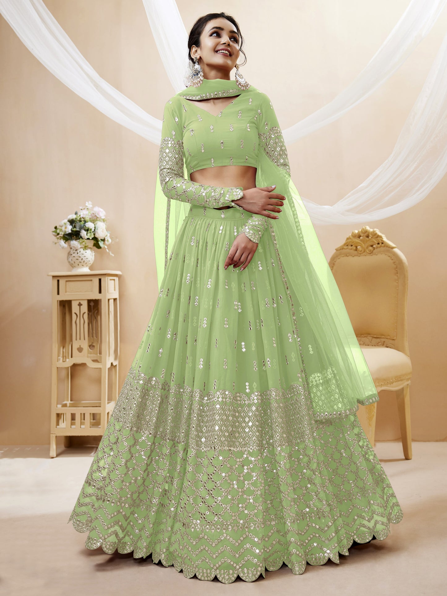 Pista Green Sequin Zari Embroidered Georgette Lehenga Set By WTW