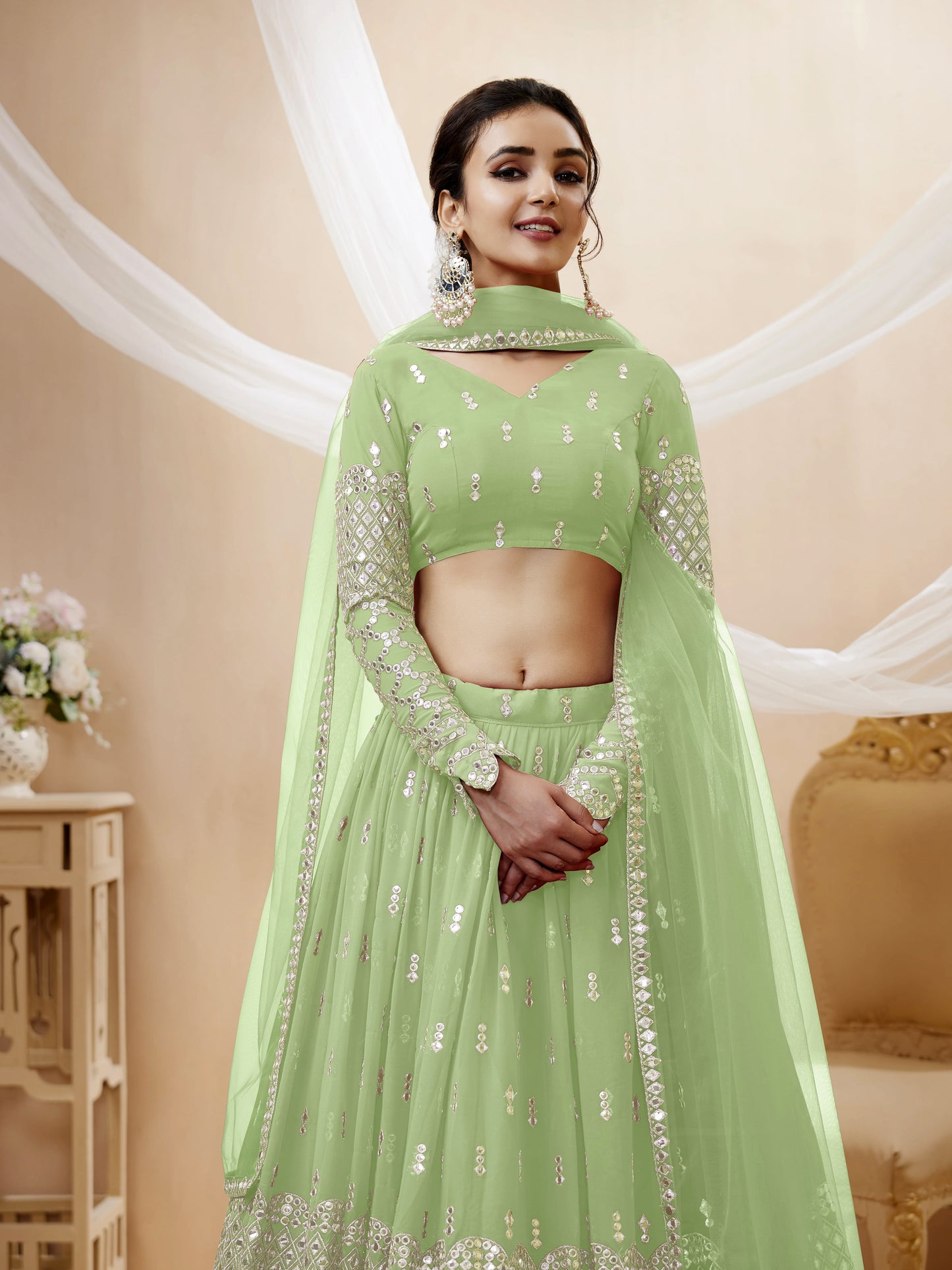 Pista Green Sequin Zari Embroidered Georgette Lehenga Set By WTW