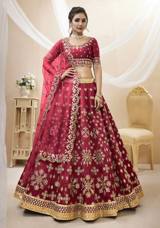 Red Sequin Foil Zari Embroidered Art Silk Lehenga Set By WTW