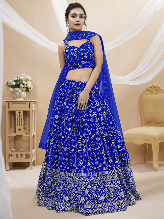 Blue Sequins Georgette Wedding Wear Lehenga Choli By WTW