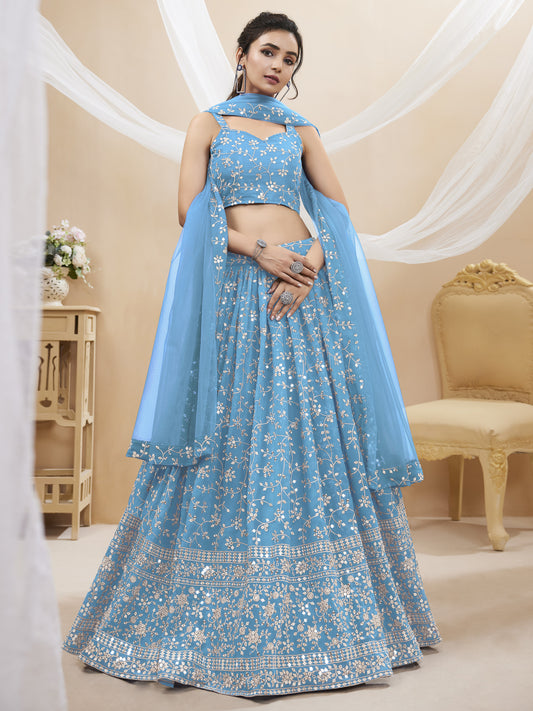 Sky Blue Embroidered Georgette Reception Wear Lehenga Choli By WTW